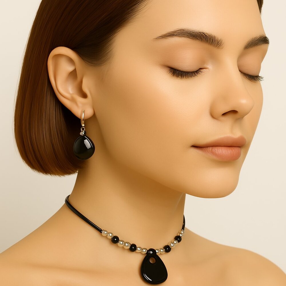 Modern Silver Hoop Pendant Necklace & Earrings Set – Black Cord Layered - Women